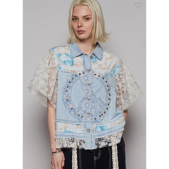 POL Tops - Last one 🩵POL. New. Denim and Lace Patchwork Peace Jacket
